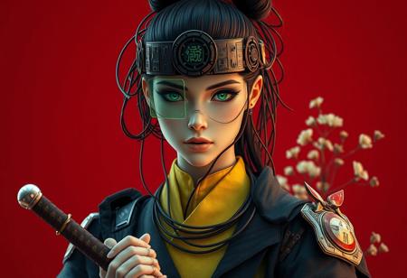 Create an extrahart, brave perspective, mystical, and high-resolution image of an female humanoid robot Samurai wearing a headgear with intricate mechanical translucent jade screen covering the eyes, Made from Sci-fi components, with outworn translucent black linen cape. The character should be depicted in a manga cover style with wealthy portraiture and poster art elements. The image should feature rich colors and high contrast, focusing on the best quality, official art, and a beautiful and aesthetic appearance. wired-cyborg, upper body shot, a man with hairbun, half the face is made of wires and cables and translucent hoses. Use a movie perspective and an advertising style, similar to a magazine cover. The cyborg samurai should be shown solo, wearing flamboyant clothes and armor, holding a sheathed katana, and standing in a cowboy shot pose. The robot should have neon green and yellow hip-hop clothes, tattoos, muscular abs, shoulder armor, and dry flowers in the background. Emphasize a samurai theme with a red background and floral elements.