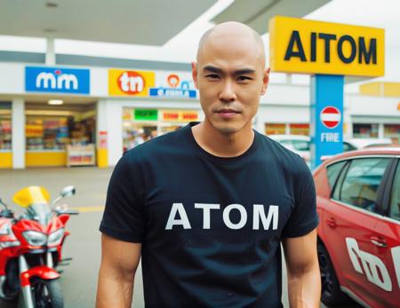 Create an image that features a bald man standing confidently at the entrance of a convenience store, with a heavy motorcycle parked nearby. The man is wearing a black polo shirt, prominently displaying the word 'ATOM' in bold, white letters across the chest. His stance is relaxed but assertive, perhaps with one hand resting on the motorcycle or in his pocket. The convenience store should be depicted with recognizable features such as signage, glass doors, or product displays. The motorcycle should be detailed, reflecting its heavy and powerful appearance. The overall scene should be well-composed, with a focus on the man, his unique shirt, and the motorcycle, capturing a moment of casual urban life,<lora:htm:0.75>