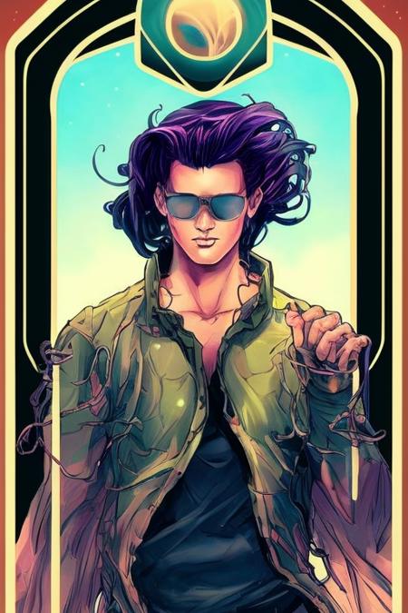 tarot card style, 1boy, male_focus, shirtless,  solo, portrait , digital illustrated,  flowing hair, glowing rainbow hair,     night, pastel , looking at the camera , looking_at_viewer, ring lighting, rim lighting, trending on artstation,  wlop,  dsktaro1