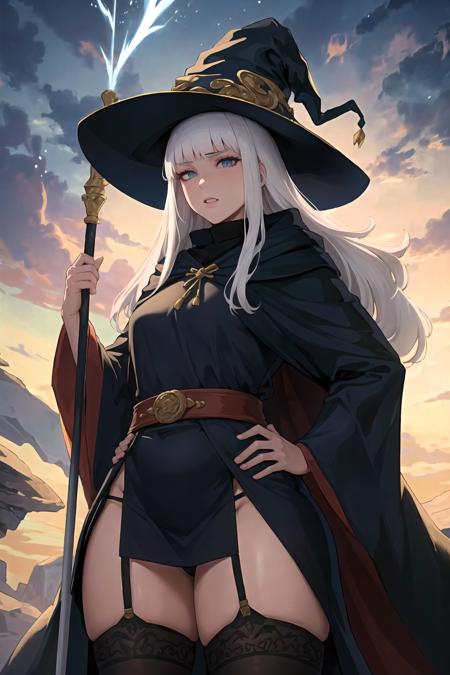 (masterpiece, best quality, high quality, highres:1.4), detailed, extremely detailed, ambient soft lighting, 4K, 1girl, (mature female, milf:1.2), (long hair, white hair, blunt bangs, long sidelocks:1.3), (blue eyes, determined:1.2), small breasts, wide hips, thick thighs, (black wizard robe, black wizard hat, belt, long sleeves, deep sleeves, stockings, garters:1.3), (wizard holding a staff, hand on hip:1.4), fantasy, outdoor, thunderstorm, sky, light particles, swirling magic, ambient magic  <lora:milfWeightEdit_v1:0.5> <lora:jujunaughtStyleLora_v10:0.3> <lora:envybetterhandsLocon_beta2:1>