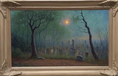 (impressionism:1.15), A graveyard of fallen stars ,A mirror that reflects memories ,Stone hands reaching from earth , Cliff/Bluff, pine forest, (bob layzell:1.1), a painting,scene painting,scenery,