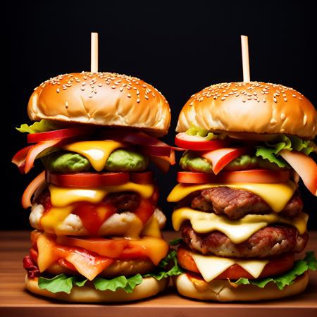 photo (QuadBurger style:1) a couple of hamburgers sitting next to each other <lora:djzQuadBurgerV21:1>