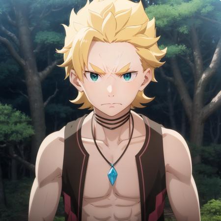 masterpiece,best quality,2d,anime,
male focus, 1boy, blonde hair, scar, solo, jewelry, forest background,  necklace, looking at viewer,,frown,open mouth,upper body, short hair, green eyes<lora:garf:1>,closed mouth,