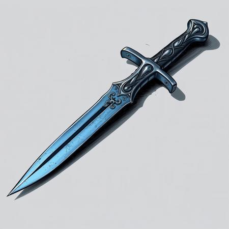 Fantasy dagger, (silver waves engraving on handle), bluish metal, laying on table, (blade without engravings), grey background,  drawing art style