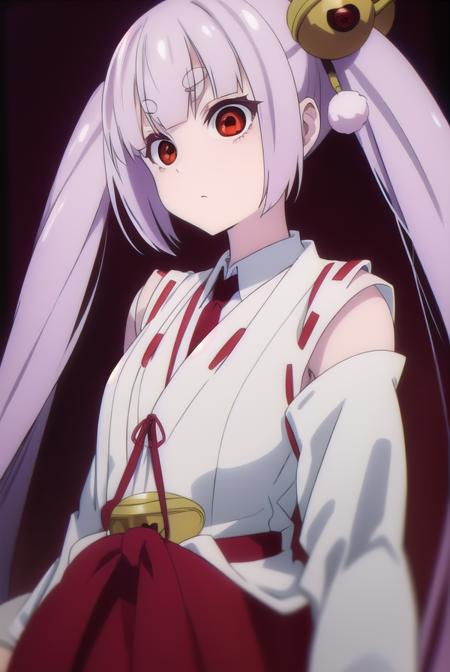 tsukuyo inaba, long hair, hair ornament, twintails, very long hair, purple hair, (closed eyes:1.5), thick eyebrows, tsukuyo inaba, long hair, hair ornament, twintails, very long hair, purple hair, thick eyebrows, (red eyes:1.5), skirt, japanese clothes, bell, hakama, hakama skirt, jingle bell, miko, hair bell, red hakama,