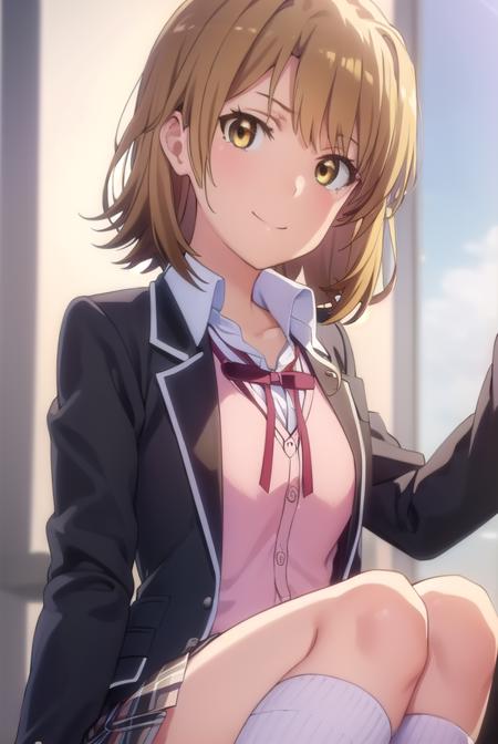 irohaisshiki, <lora:iroha isshiki s2s3-lora-nochekaiser:1>, 
iroha isshiki, short hair, brown hair, (brown eyes:1.5), smile,
BREAK skirt, shirt, ribbon, school uniform, jacket, white shirt, open clothes, socks, open jacket, black jacket, plaid, kneehighs, plaid skirt, blazer, cardigan, black socks, pink cardigan, sobu high school uniform,
BREAK indoors, classroom,
BREAK looking at viewer,
BREAK <lyco:GoodHands-beta2:1>, (masterpiece:1.2), best quality, high resolution, unity 8k wallpaper, (illustration:0.8), (beautiful detailed eyes:1.6), extremely detailed face, perfect lighting, extremely detailed CG, (perfect hands, perfect anatomy),