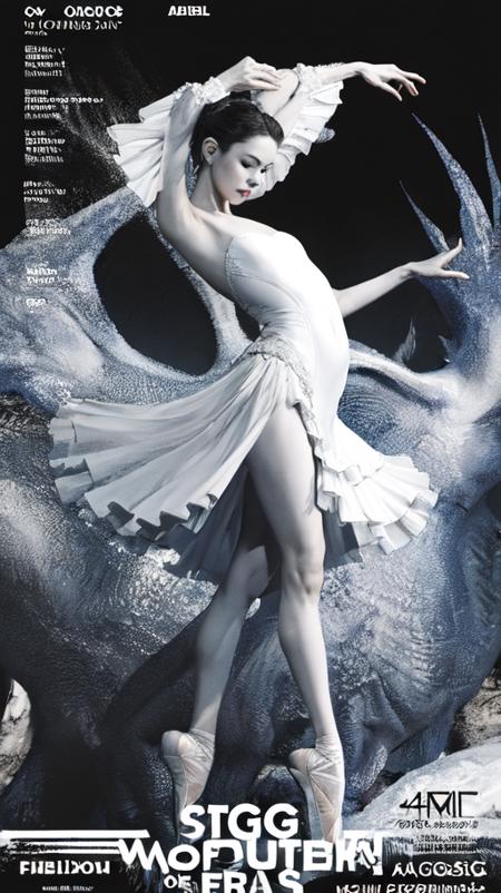 (poster),inem,black and white,swan,stage,opera,victoria,shakespeare,movie poster,ballet: swan lake,cinematic_angle,fisheye,<lora:poster V1A:1>,the actors danced gracefully on stage,