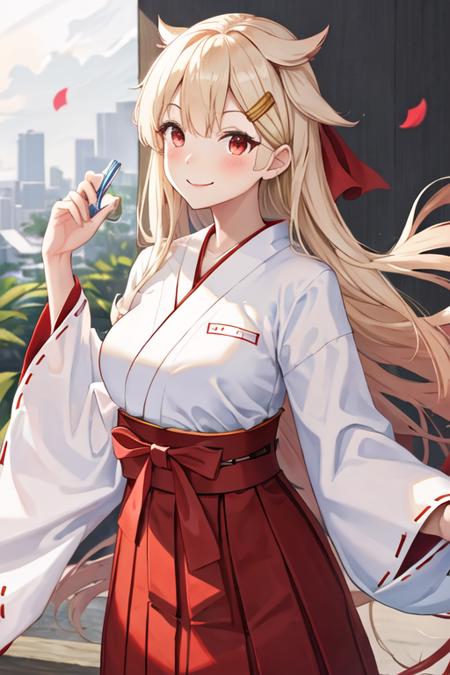 best quality, masterpiece, highres, solo, {white kimono:1.35}, {red hakama:1.35}, {wide sleeves:1.20}, {yuudachi_kantaicollection:1.15}, long_hair, blonde_hair, ribbon, hair_ribbon, hair_flaps, hair_ornament, red_eyes, hairclip, black_ribbon, smile, blush, serafuku, breasts