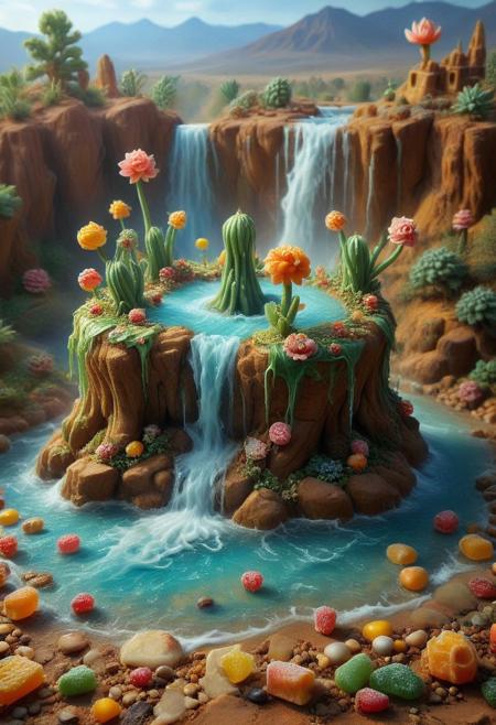 candy,tilt-shift photo of best quality double exposure complex surreal painting on cracked paper, macro, microworld,  hyperdetailed,   insanely detailed, surreal, tiny genie spirit creature, flying oasis landscape placed inside a cup on the table in room. waterfall, lotus flowers,temple palms desert filigree, table cinematic, big eyes 32k, by Rockwell, WLOP Ryniac, Craola, Disney, van Gogh, highly detailed, intricated, intricated pose, high quality, centered, perfect composition.,
<lora:Midjourney_-_SemiReal_Dreams_FLUX_LoRA:1>,<lora:hyper-detail-illustration:1>, Selective focus, miniature effect, blurred background, highly detailed, vibrant, perspective control