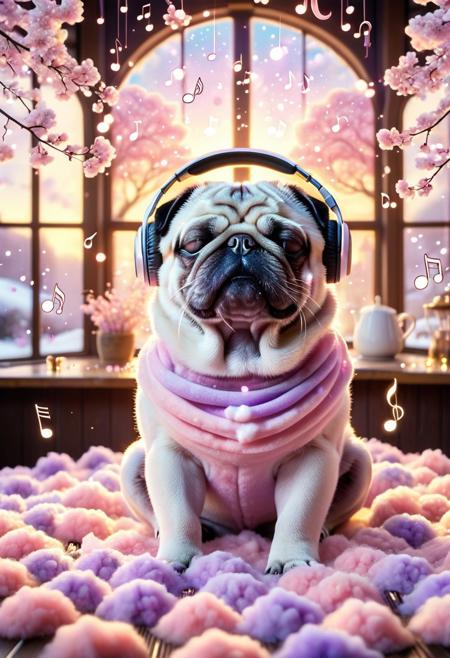 lazypos, cottoncandy
a cotton candy pug with closed eyes, wearing wireless headphones, immersed in rhythmic melodies, soft smile of euphoria illuminating his face, surrounded by floating musical notes and cherry blossom petals, warm golden hour lighting with bokeh effects, pastel color palette of blush pink and pastel purple, healing atmosphere with glowing particles, dynamic composition with flowing hair strands, cozy coffee shop background with sunlight streaming through windows ,emotional resonance of musical therapy