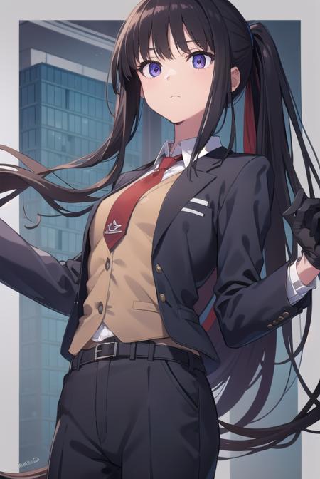 takinainoue, <lora:takinainoue:1>, inoue takina, long hair, bangs, black hair, (purple eyes:1.2), (small breast:1.2), BREAK gloves, long sleeves, jacket, ponytail, necktie, black gloves, collared shirt, belt, pants, vest, black jacket, black pants, formal, suit, red necktie, headset, black suit, earpiece,, BREAK outdoors, city, BREAK <lora:GoodHands-vanilla:1>, (masterpiece:1.2), best quality, high resolution, unity 8k wallpaper, (illustration:0.8), (beautiful detailed eyes:1.6), extremely detailed face, perfect lighting, extremely detailed CG, (perfect hands, perfect anatomy),