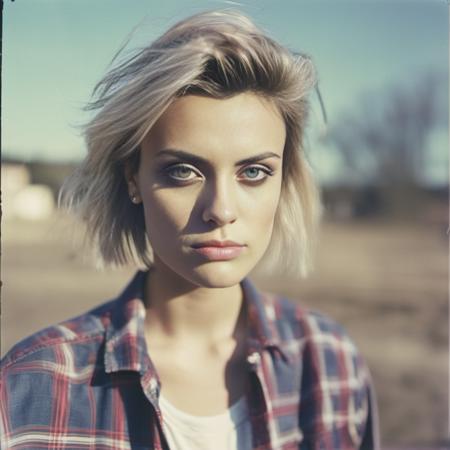 <lora:wallis_day_xl_lora_33:1> wallis day woman, analog film photo close up, beautiful woman posing, ripped jeans and checkered shirt, cute look, perfect eyes, faded film, desaturated, 35mm photo, grainy, vignette, vintage, Kodachrome, Lomography, stained, highly detailed, found footage, f1.2 50mm