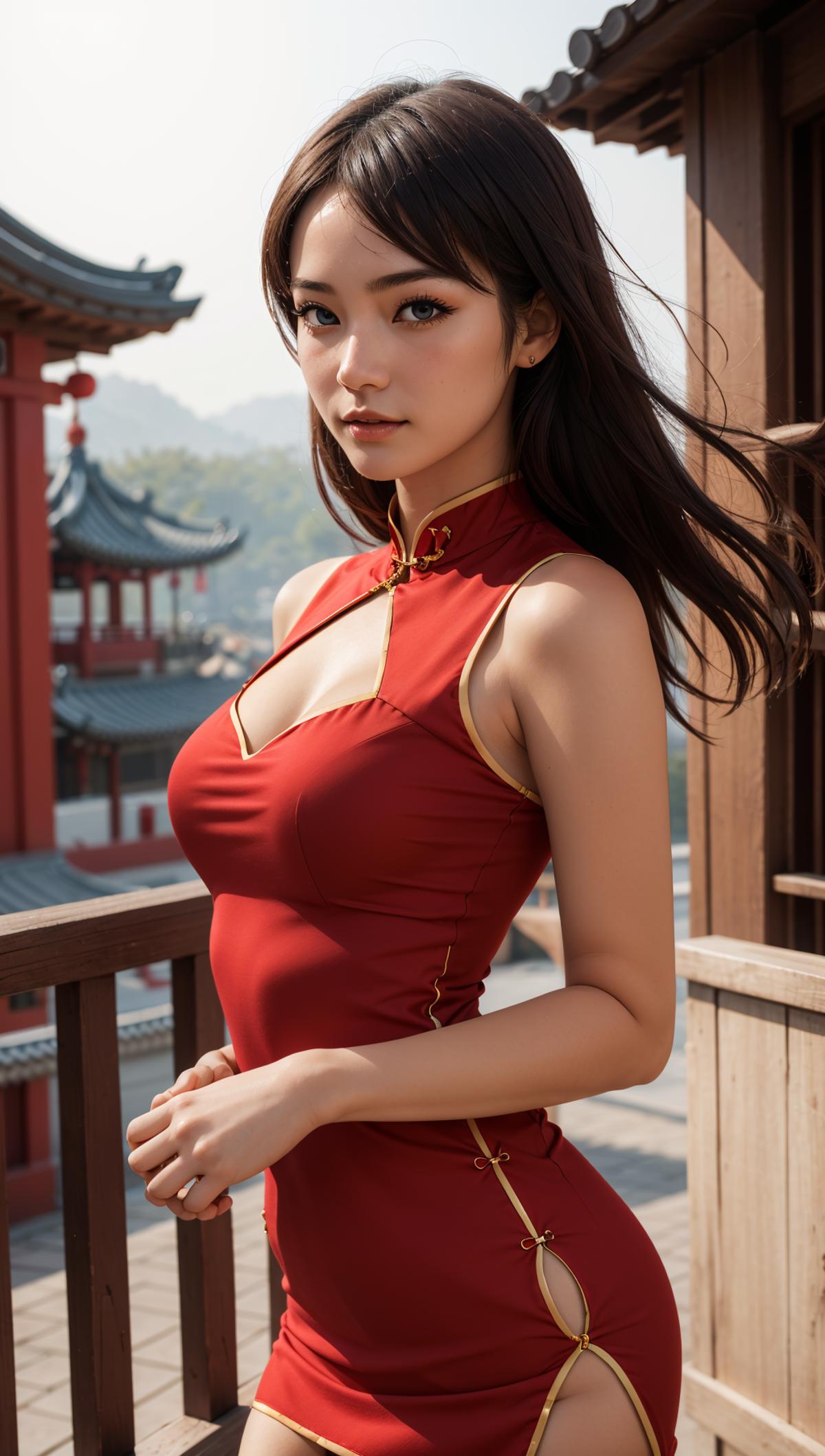 A beautiful young woman in a red dress poses in front of a Chinese temple.