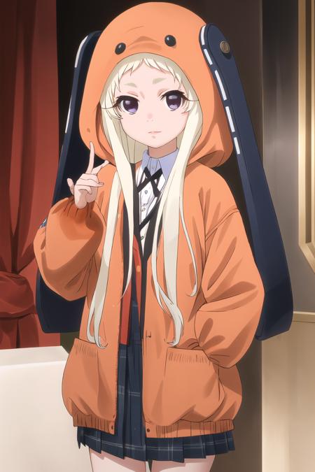 masterpiece, best quality, ultra-detailed,  yomozuki runa, blonde hair, purple eyes, long hair,  kigurumi, black animal ears, red school uniform,