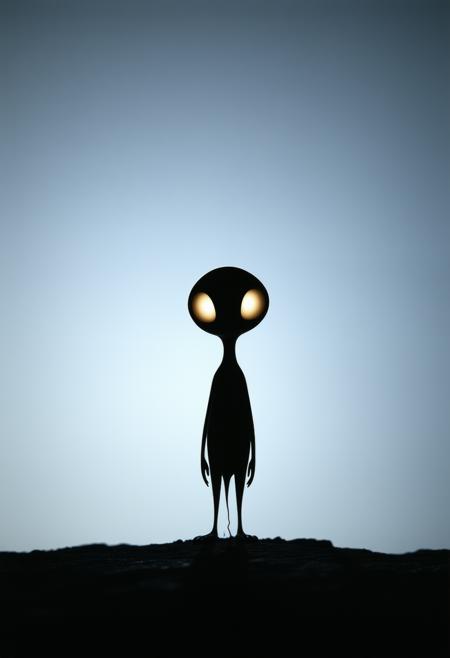 A solitary, miniature creature with enormous, luminous eyes, rendered in a minimalist style. The creature is a delicate silhouette against a vast, velvety midnight black background, subtly shimmering with captured light. Linear forms â a suggestion of elongated limbs and a simplified body â establish a sense of quiet balance. Gentle curves soften the geometric shapes. The overall impression is one of melancholic wonder, reminiscent of early Impressionism filtered through a minimalist lens. Focus on the interplay of light and shadow, emphasizing the creatureâs vulnerability and the infinite expanse behind it. High contrast, shallow depth of field, ethereal glow.