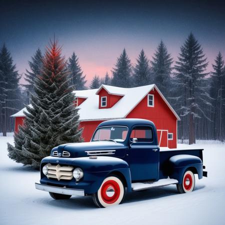 old dark blue 1952 Ford truck with a  fir tree in its cabin. Winter background with a red farm eve and snowy woods.