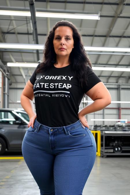 <lora:m1ssh0urgl4ss_v2:0@1, 0.8@1, 1.0@0.5>, high resolution, high quality, detailed face, m1ssh0urgl4ss woman (face the viewer) in t-shirt and jeans at the factory,  wide hips, (thick), long hair, selfie