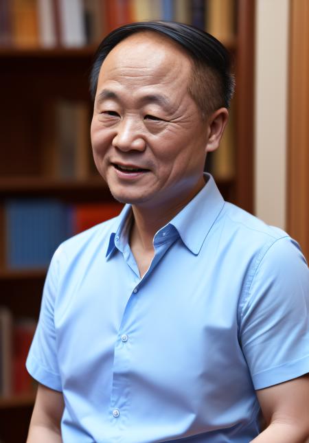 (A perfect photo of moyan,oldman),detailed face,detailed eyes,weaing(baby blue shirt),on library,smile 
(masterpiece) (photorealistic)(best quality) (detailed skin) (intricate) (8k) (HDR) <lora:moyanV1:0.9>
