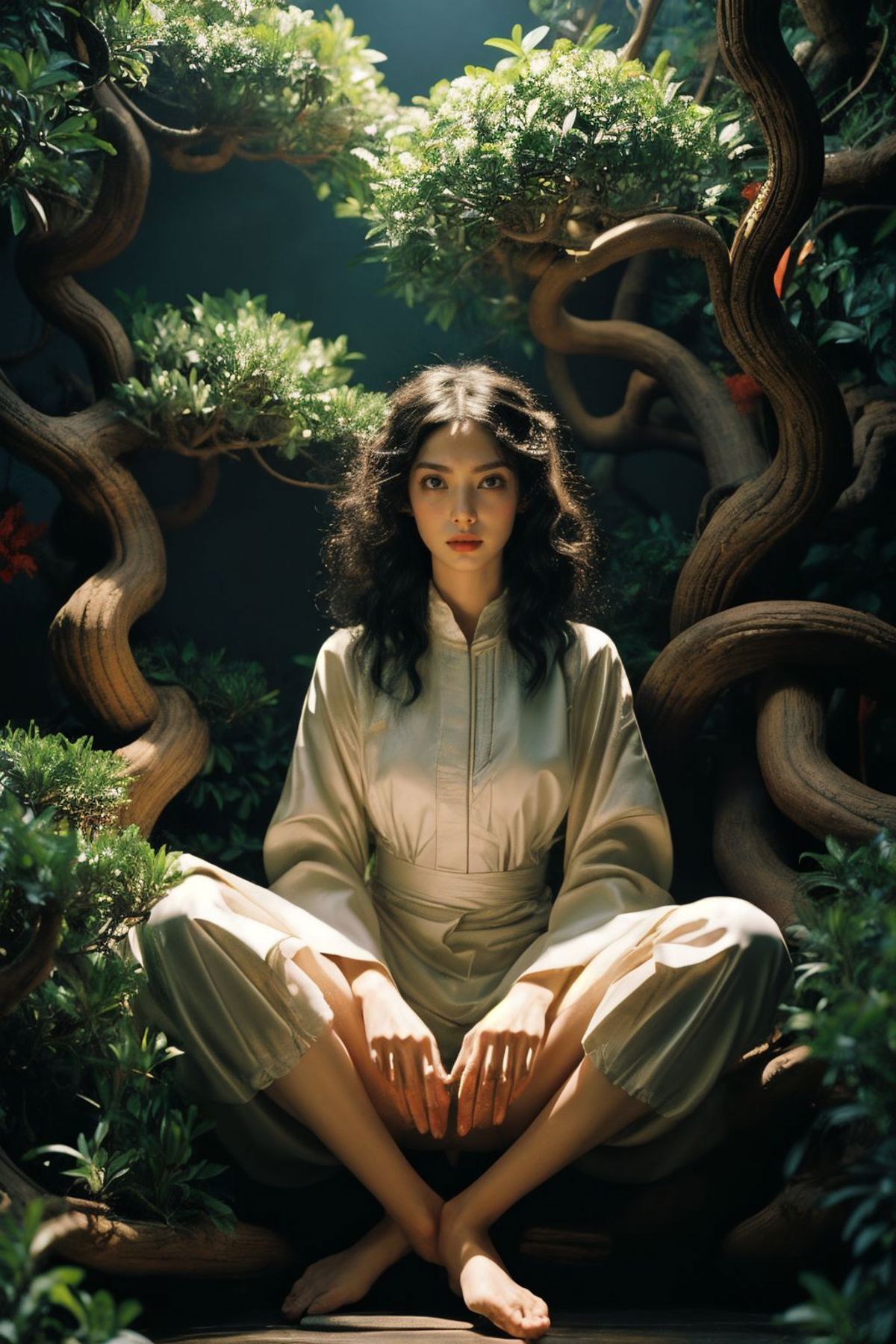 A woman in a long, flowing robe sits among twisted tree roots.