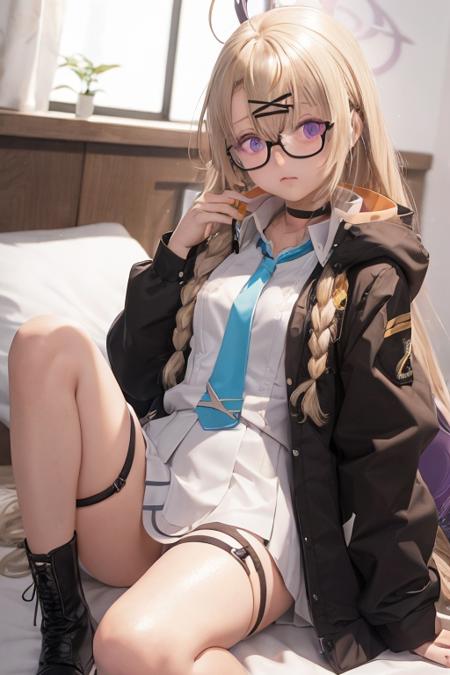 1girl, otose_kotama, halo, blonde hair, long hair, bang, hair ornament, side braid, purple eyes, glasses, choker, jacket, open clothes, white shirt, necktie, short skirt, boots,, bedroom <lora:otose_kotama:0.7>