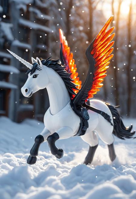 A unicorn Made with Plastic Toys  , Flying in the sky, flying:1.4
,fiery colors, deep white, electric black, molten sliver edges, magic aura on legs, 
, wings spread wide, leaving a trail of glowing energy wave, 
snow, 
city, day time, sun ,
dramatic backlight, high contrast,
,cinematic lighting, ultra-detailed, photorealistic, trending on ArtStation, 8K, masterpiece, octane render, 
novuschroma53 style,