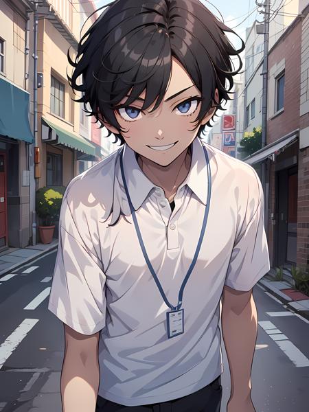 1boy, male, solo, age13, black hair, black eyes, detailed eyes, wearing white polo untucked (short sleeves), wearing blue lanyard, wearing black slux pants, anime, high quality
