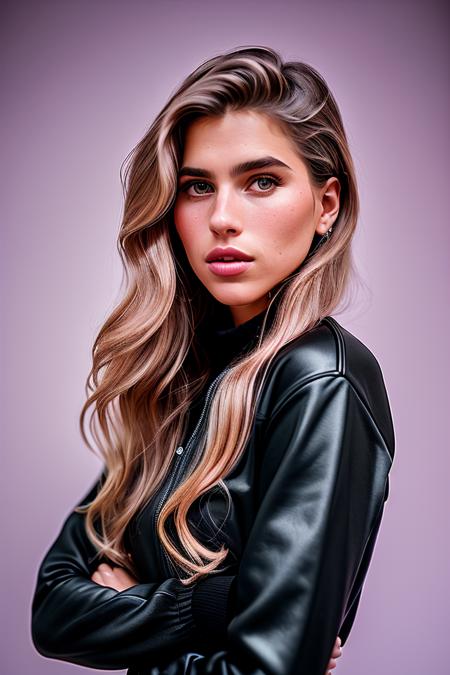 photo of beautiful (kdlt0r0:0.99), a woman with perfect hair, wearing (black track suit:1.1),  ((Mizuiro Kaiwai:1.1)), (plain pink background:1.1), (happy:1.2), modelshoot style, (extremely detailed CG unity 8k wallpaper), professional majestic (photography by  richard avedon:1.1), (Canon EOS RP Mirrorless Camera), 24mm, exposure blend, hdr, faded, extremely intricate, High (Detail:1.1), Sharp focus, dramatic, soft cinematic light, (upper body), (looking at viewer), (detailed pupils), 24mm, 4k textures, soft cinematic light, adobe lightroom, photolab, elegant, ((((cinematic look)))), soothing tones, insane details, hyperdetailed, low contrast