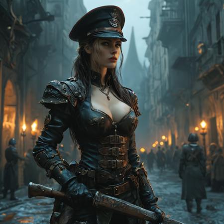 (epic:1.2), award winning photography, (high quality:1.2), (masterpiece:1.2), high details, incredibly absurdres, colorful), (realistic cinematic photo:1.33), (Luis Royo Style:1.31), (Gerald Brom Style:1.19), (Paolo Eleuteri Serpieri Style:1.25), (comp_top:1.16), (raw photo:0.74), ((beautiful female city guard captain character:1.12)), (object:(dark fantasy city:0.56), night, braziers, torchlight