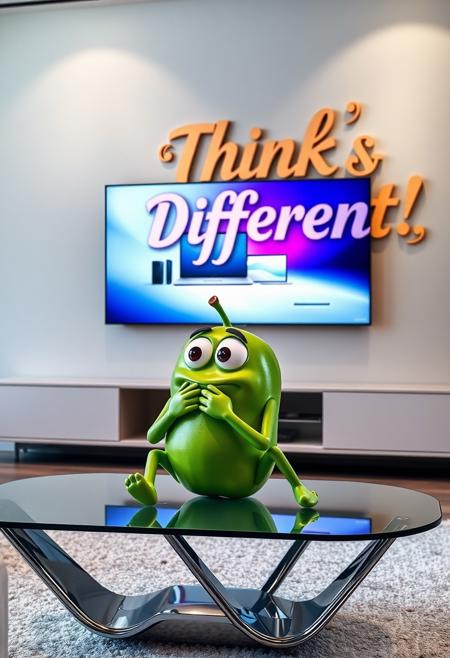 In a sleek, modern living room, an anthropomorphic green apple with expressive features—arms, legs, and a curious face—sits comfortably on a stylish, futuristic glass and chrome coffee table. The green apple has large, thoughtful eyes, with a small smile, as it intently watches a large wall-mounted TV. On the screen, an Apple computer commercial plays, featuring sleek products and bright, vivid colors in Apple’s signature minimalist style. The apple seems engrossed, almost as if reflecting on the innovation showcased.
The apple’s hands rest on its chin as if deep in thought, and one leg dangles off the edge of the table, creating a relaxed, yet intrigued posture. Behind the apple, a giant, meticulously designed cardboard sign with “Think Different!” written in bold, artistic typography hangs prominently on the wall. The sign is highly detailed with intricate, laser-cut designs and elegant curves, blending luxury with creativity. Its colors shift in subtle gradients, and it features metallic accents that catch the light from the TV’s glow.
The room itself is a mix of modern and tech-inspired decor—smooth concrete walls, ambient LED lighting, a soft leather sofa, and minimalistic furniture pieces, all bathed in the soft glow of the commercial. The apple’s glossy green skin reflects the light, and its form is seamlessly integrated into the futuristic, tech-savvy environment, as if personifying the fusion of nature and innovation.