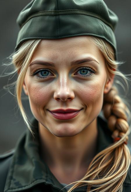 A portrait of a blonde female soldier with a subtle smile, wearing a military cap and sporting a ponytail. Two wisps of hair frame her face as she gazes directly into the lens. The shot is captured at a straight camera angle, rendering the subject in photorealistic detail.