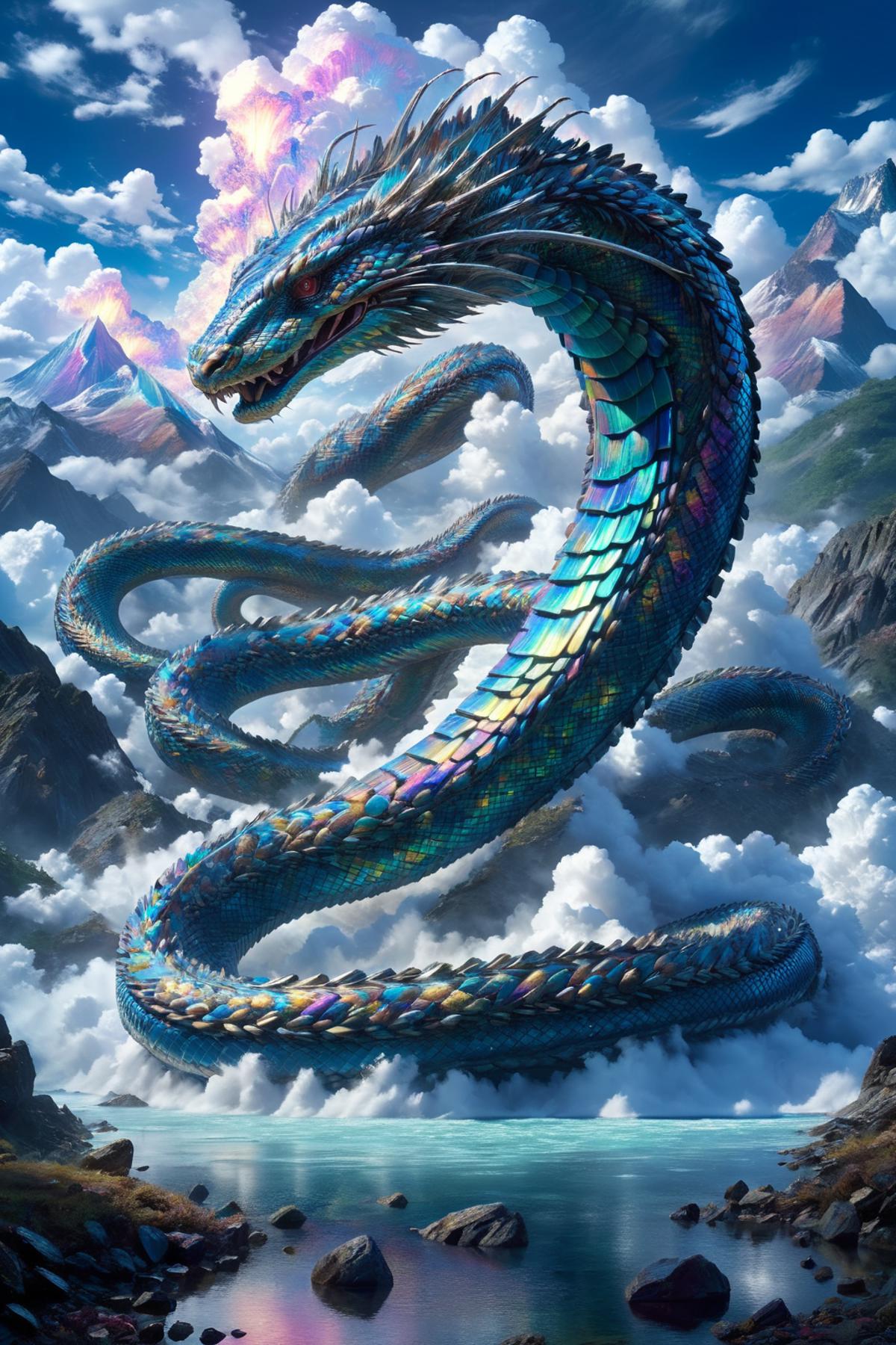 A vibrant blue and green dragon with a rainbow-colored body, sitting on top of a mountain and surrounded by clouds.