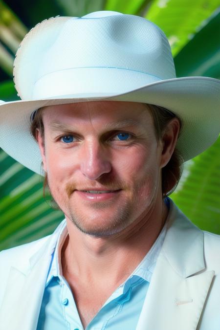 a man in stunning blue suit, in a white cowboy hat, in a jungle paradise, [smiling:0.5], upper body, close up, [head shot], raw, 8k, uhd, fujifulm xt3, masterpiece <lora:woodyHarrelson:1>