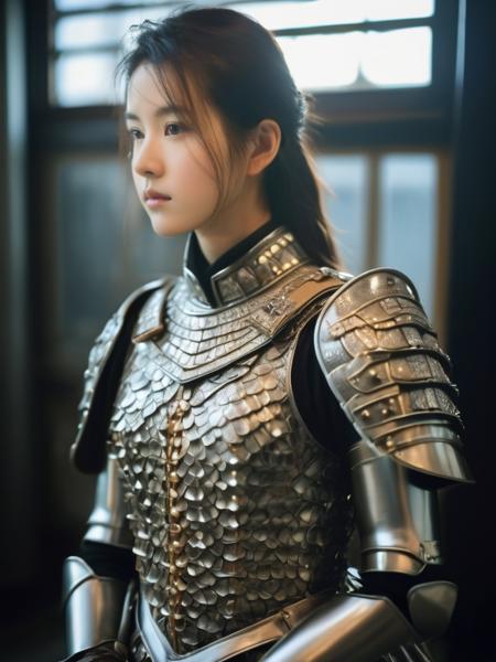 a masterpiece of film Photography,a girl in a armored_dress,looking at viewer,<lora:CDLxl:0.8>,, (perfect real extremely details), award-winning, breathtaking, amazing fine detail, dramatic lighting, best quality,taken by Hideaki Hamada