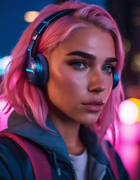 cinematic photo cyberpunk style Dua Lipa with pink hair in blue jacket, cyberpunk city night, with headset around neck, upper body, blush, sharp focus, HDR,  depth of field, makeup,  Light complexion, professional photography, 4k, highly detailed, 35mm photograph, 4k, highly detailed   <lora:MadiFrances-XL:0.8>