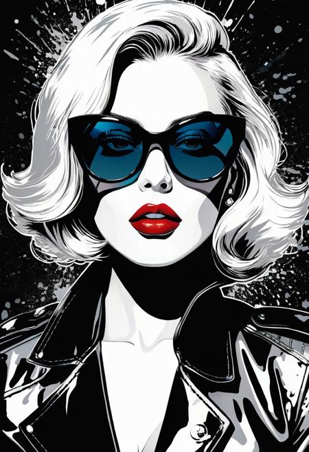 Madame X, pop art, street art, bold graphic style, high contrast, comic book aesthetic, cinematic portrait, ink splatter, contemporary illustration, fashion editorial vibe, stylized facial features, reflective sunglasses, poster design influence