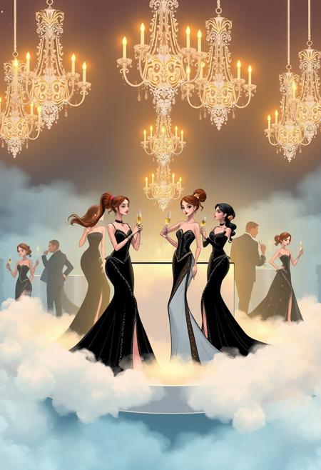 A dreamlike evening gala set on a cloud-like platform surrounded by drifting mist. Stylized characters in dramatic monochrome gowns with metallic accents sip champagne beneath glowing chandeliers suspended in fog. Their poses are graceful, their features gentle yet fashion-forward. vivid style, surreal fashion medium, soft glam lighting
