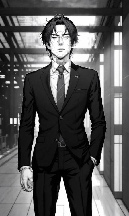 HiroyaOku2023, 1 man in business suit,  uhd, 8k, best quality, masterpiece, black and white illustration, manga