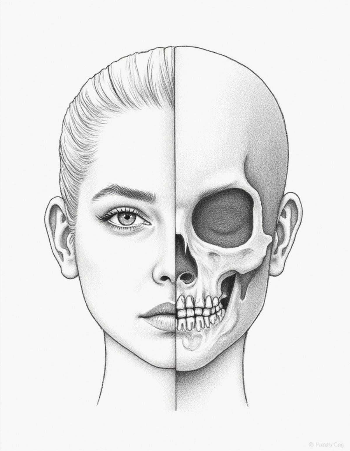 Detailed realistic drawing of the face of a woman facing the viewer but the left half of her face is skull while the right side of her face is normal. She has no hair on the left side of her face only a skull and also her eye-socket is hollow on the left side.  
 <lora:Barbara_Palvin_FLUX_v1-000061:1>