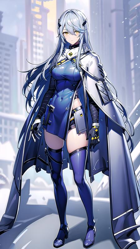 masterpiece, best quality,lyfesnowbreak,1girl, solo, long hair, yellow eyes, gloves, thighhighs, breasts, grey hair, bangs, hair ornament, cape, standing, white gloves, (dark blue dress:), dark  blue cloak, black thighhighs, expressionless, <lora:LyfeSnowV1:0.7>, full body,beach,