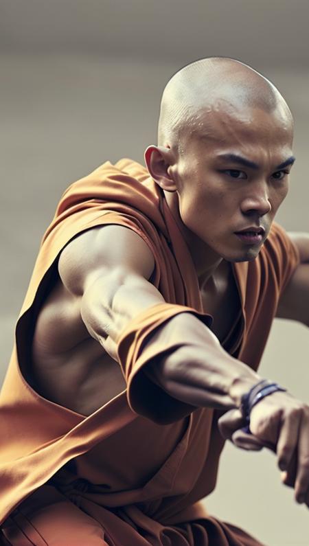 . Shaolin monk hyper - detailed, make a super power fist and destroys the world, cinematic 8k