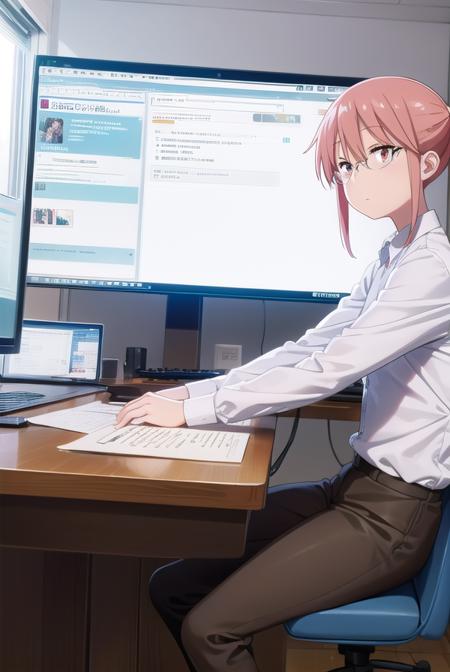 dragonkobayashi, <lora:dragon kobayashi s2-lora-nochekaiser:1>,
kobayashi, ponytail, pink hair, glasses, short hair, (brown eyes:1.5),
BREAK shirt, long sleeves, white shirt, collared shirt, pants, black pants, office lady,
BREAK indoors, office, computer, monitor, keyboard \(computer\), office chair, mouse \(computer\), desk,
BREAK looking at viewer, 
BREAK <lyco:GoodHands-beta2:1>, (masterpiece:1.2), best quality, high resolution, unity 8k wallpaper, (illustration:0.8), (beautiful detailed eyes:1.6), extremely detailed face, perfect lighting, extremely detailed CG, (perfect hands, perfect anatomy),