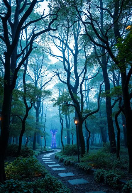 A futuristic forest where trees are integrated with glowing technological elements, creating a harmonious fusion of nature and technology