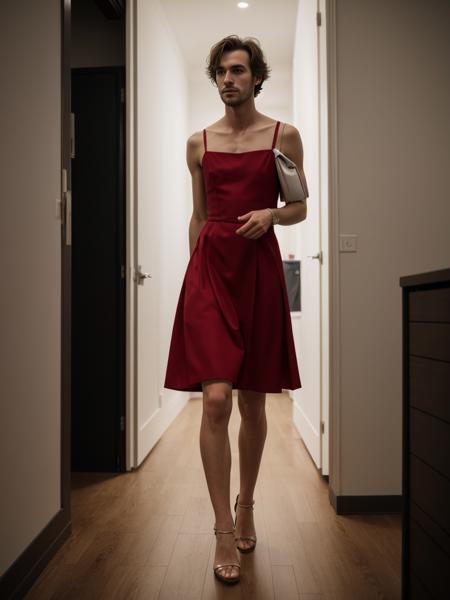 25 year old european man wearing a designer party dress, heels, solo, walking, dim light, looking at camera