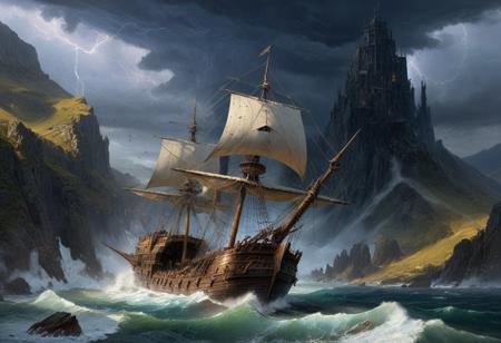 Night Landscape oil painting where the storm is the focal point. The storm dominates the skyscape while in the foreground a flying ship is battered by the winds. To spindly metal spires stand resolute in the face of the coming storm, built within a steep mountain pass. ((Highest quality:1.0),(High resolution:1.0), (masterpiece:1.0), (overview:0.6), beautiful and aesthetic:1.3), extreme detailed, colorful, highest detailed,((ultra-detailed)),(highly detailed CG illustration),((Gloomy and Dark Atmosphere)),,