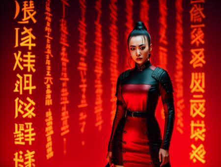 a woman in a red dress holding a sword, yasuke 5 0 0 px models, cypherpunk background, ancient chinese beauties, 8k archival print, glowing digital runes, pexels contest winner, strong lines and bold colors, shot on anamorphic lenses, cyberpunk 2 0 4 9, glyphs, <lora:abstractor_yiu_v10:0.5>