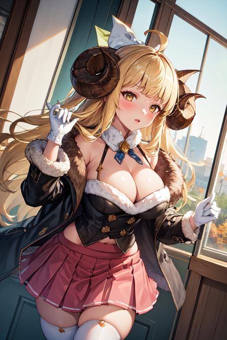 masterpiece, (detailed, highres, best quality), 1girl, <lora:spgbfAnila:0.8>, anilaev, fur jacket, cleavage, white gloves, pink skirt, hair bow, autumn, day, door, dutch angle, ginkgo leaf, instrument, leaf, outdoors, signature, window