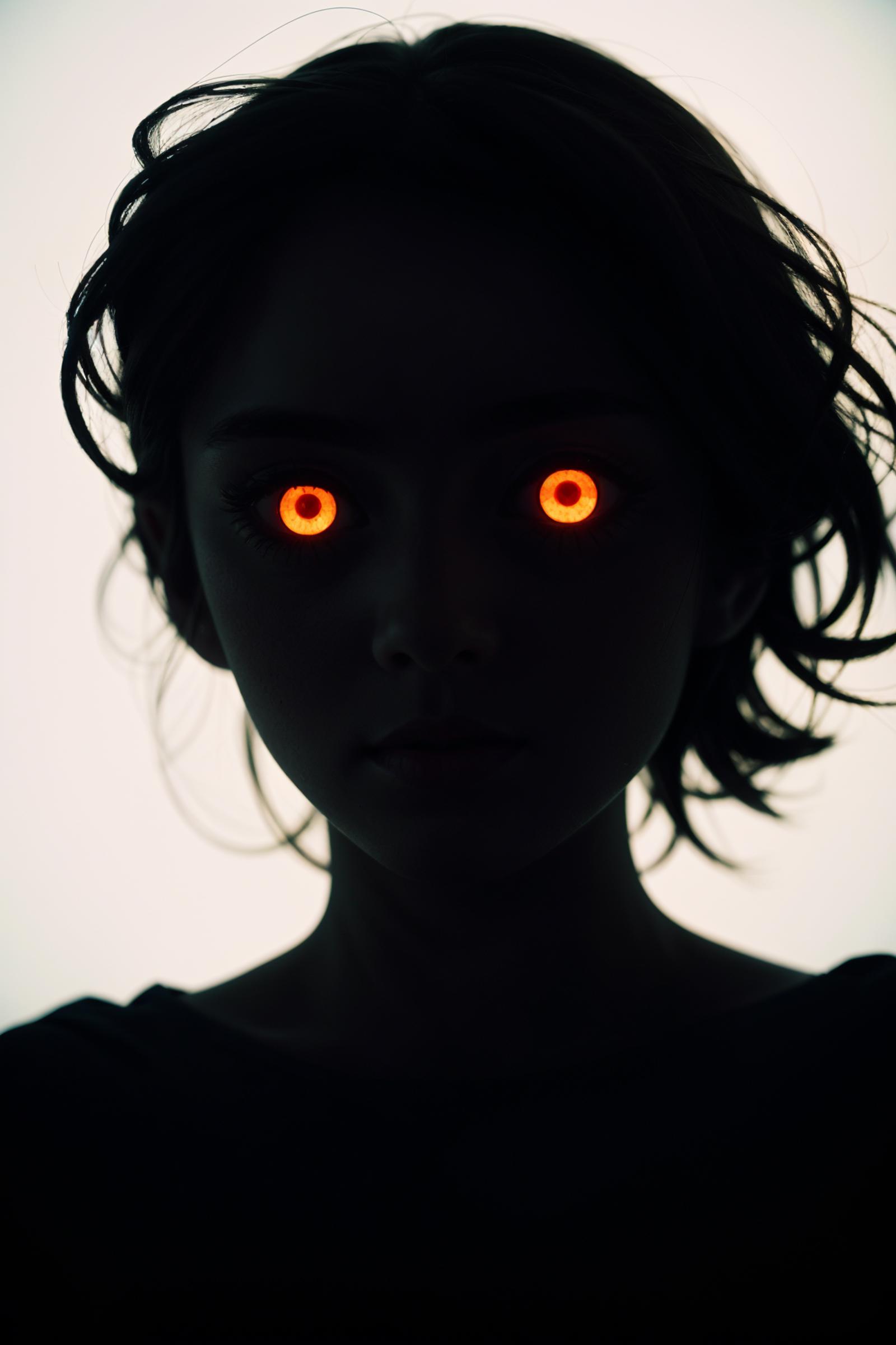 The eerie face of a girl with glowing orange eyes.