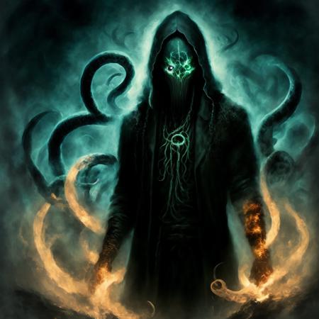 photo, an enslaved member of the Cthulu cult with a shadowy tentacle monster behind him in darkness, surrounded  by energy flames (CthuluCult style:1)  <lora:djzCthuluCult:0.8>