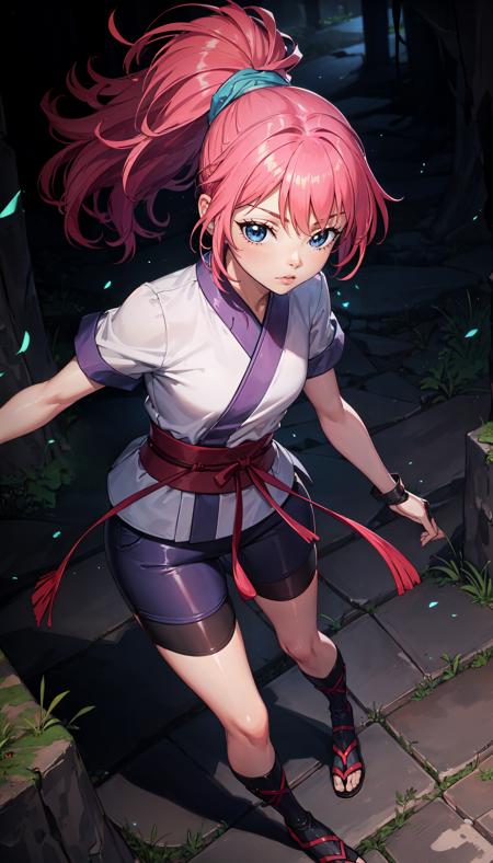 pink hair ponytail blue hairband bangs blue eyes japanese clothes short kimono fingerless gloves black bike shorts