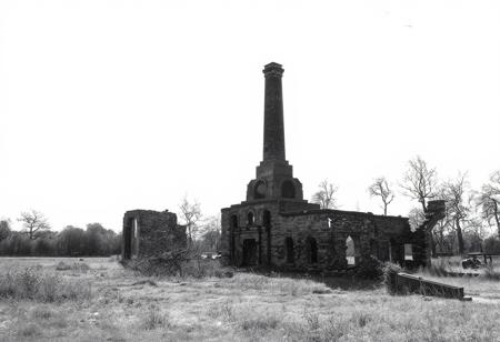 A lonely chimney of in the remains of former crematorium building. There are some ruined furnaces nearby. The background for the ruined, cold chimney is the bright daylight in the summer. No clouds, only hot August sun.
The picture is created in black and white watercolour technique, wherever possible black background is preferred.
The whole landscape is inspired by the atrocities of concentration camps and is the silent homage to the victims of the factories of death.